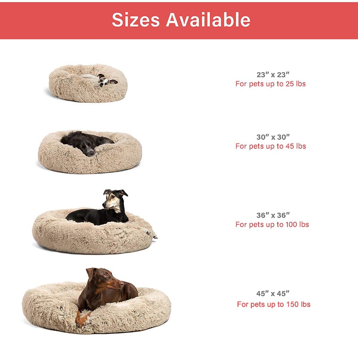 Lit Donut calmant pour chat et chien, en fourrure à poils longs, dimensions et valeur de lot pour animaux domestiques jusqu'à 150 livres, lavable en Machine