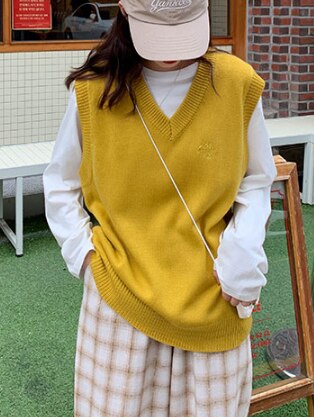 Chaleco de punto holgado sin mangas bordado de estilo colegial japonés, 8 colores , chaleco, suéteres de punto para mujer (X1135): Amarillo