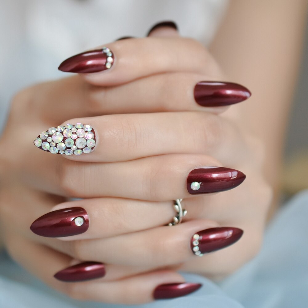 Faux Ongles blancs, à paillettes, ombrés, pointes Stiletto, personnalisés, avec strass et nœud papillon pour décoration: L5276
