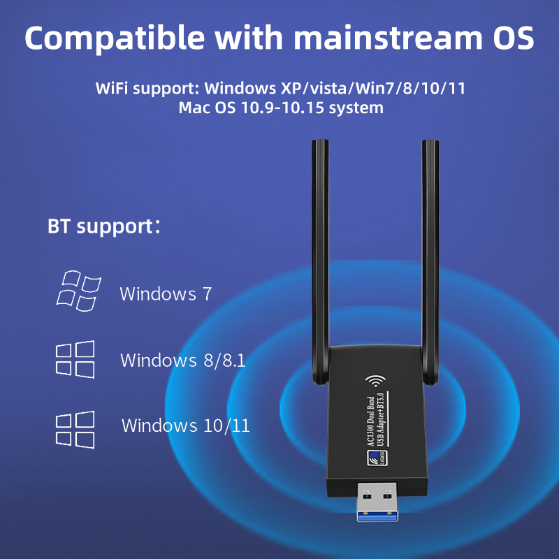 1300Mbps Wireless Network Card Bluetooth 5.0 WiFi USB Adapter Dual Band 2.4G/5.8Ghz Wireless Receiver for Laptop PC Win 8/ 10/11