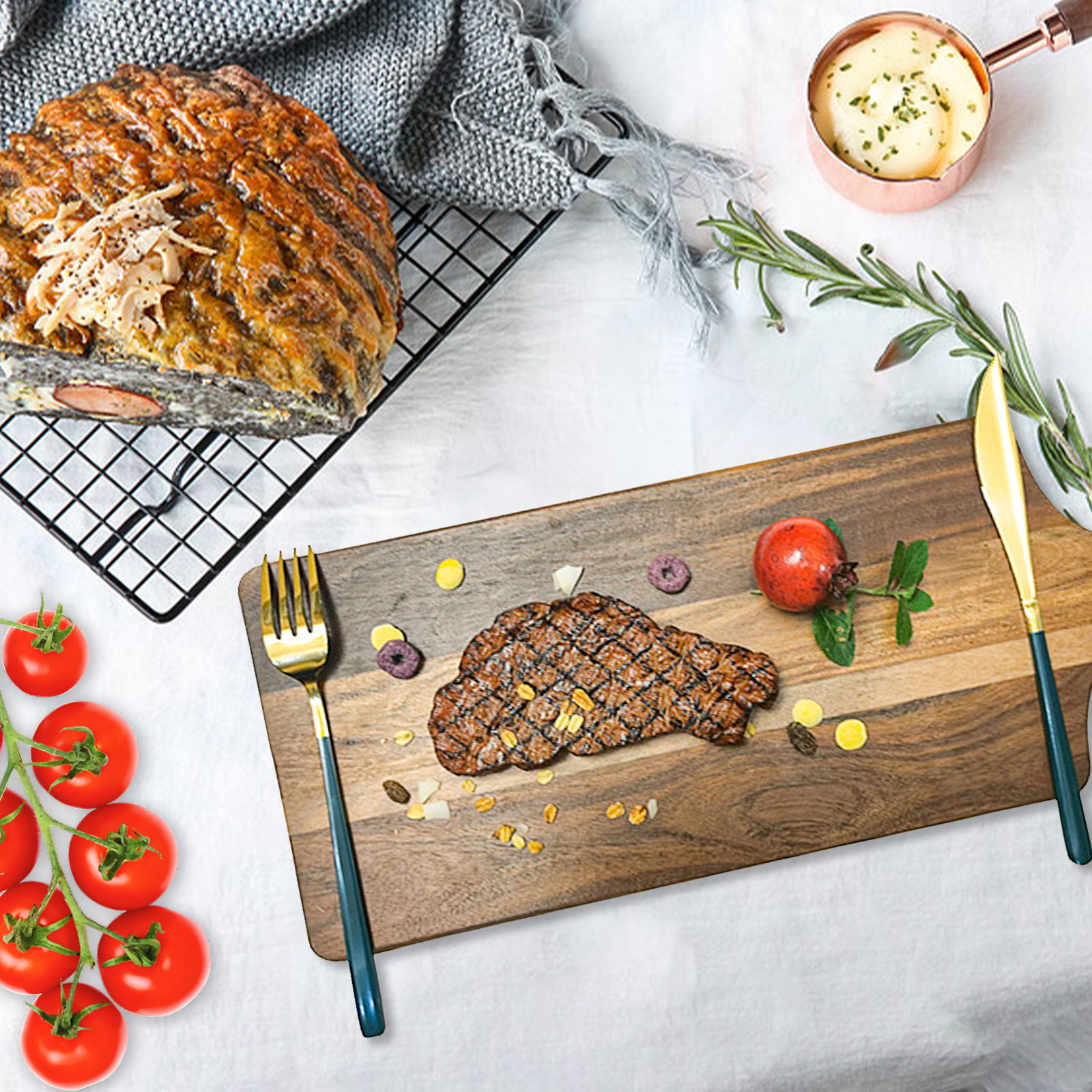 Steak Wood Serving Board Charcuterie Acacia Wood Cutting Board Steak Plate with Handle for BBQ and Grill Wooden Serving Tray