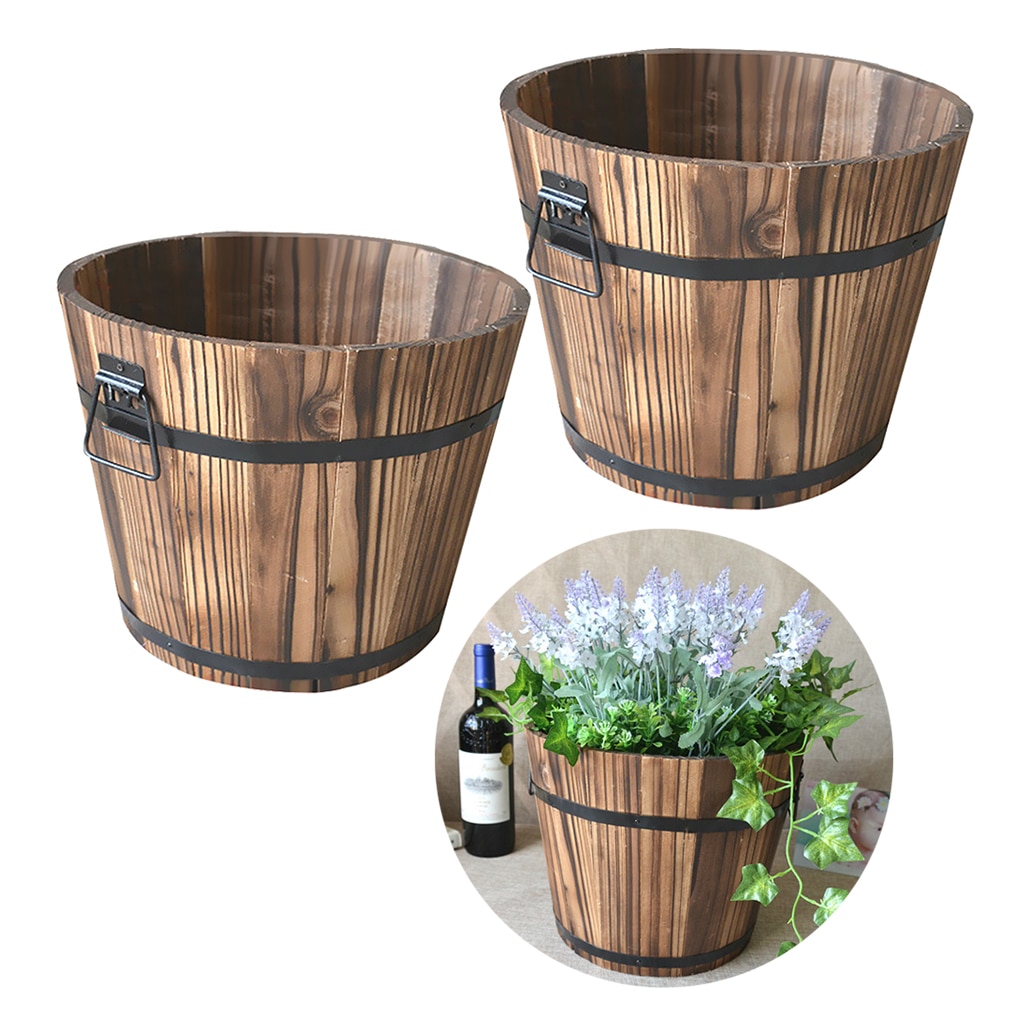 Set Of 2 Rustic Wood Bucket Barrel Rustic Whiskey Flower Garden Planters Pot with Handle for Home Garden Decoration