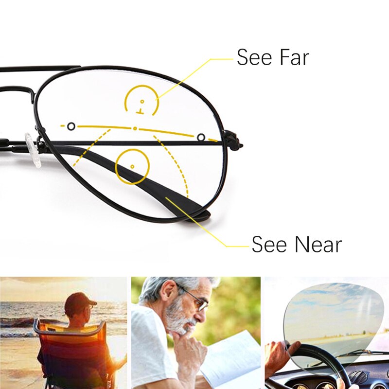 Men's Command Aviator Reading Glasses Progressive Multifocal Photochromic sun Read Eyewear with diopter +2.5 transparent lenses