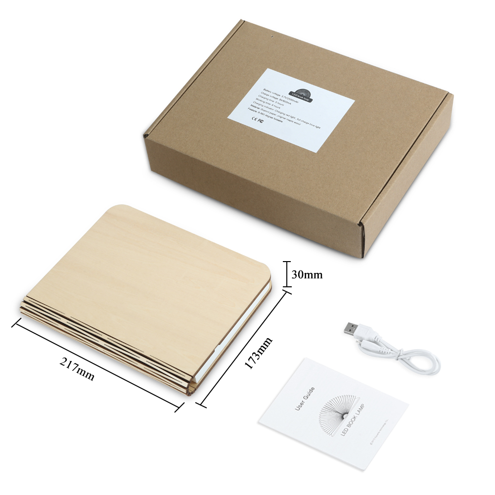 Houten boeklamp, draagbaar, usb oplaadbaar, led, magnetisch, 3 kleuren, dimbaar, opvouwbaar, nachtlampje, bureaulamp, woondecoratie