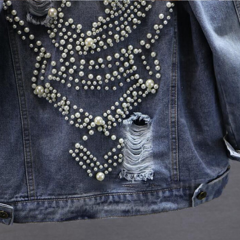 Vintagekvinnor coola flossade hål pärlor pärlstav denimjacka lösa jeansjackor rockar kvinnliga streetwear ytterkläder chaqueta mujer