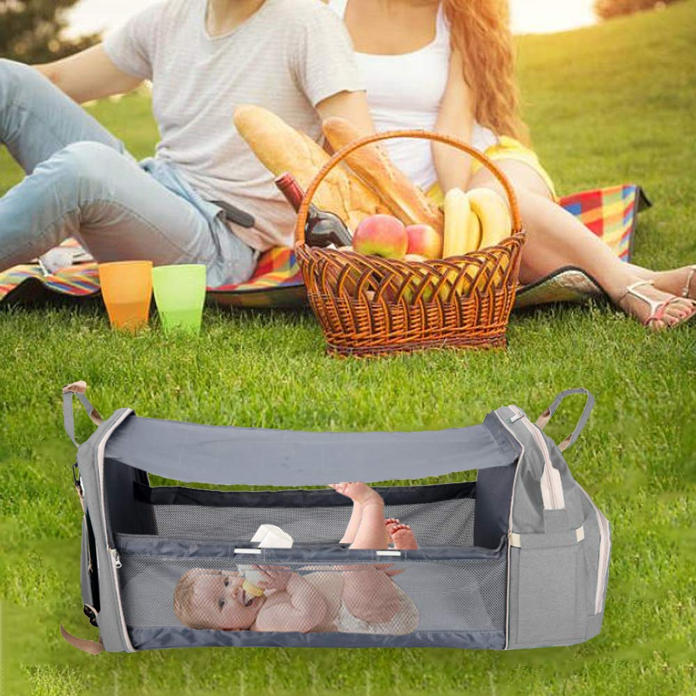 Bolsa de pañales 3 en 1, mochila con cuna plegable automática, portátil, impermeable, de gran capacidad, con puerto USB