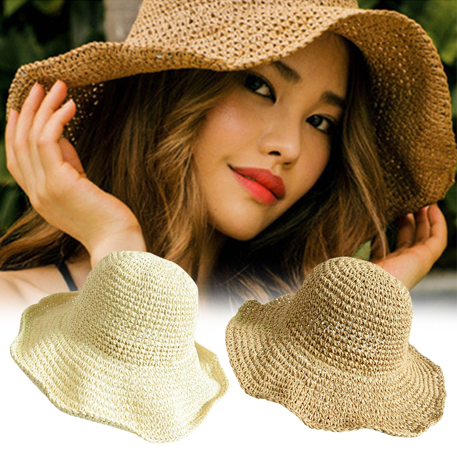 Chapéu de palha dobrável chapéu de palha feminino verão outing sol viseira férias legal chapéu de praia à beira-mar chapéu de moda ao ar livre uv aba larga chapéu de sol