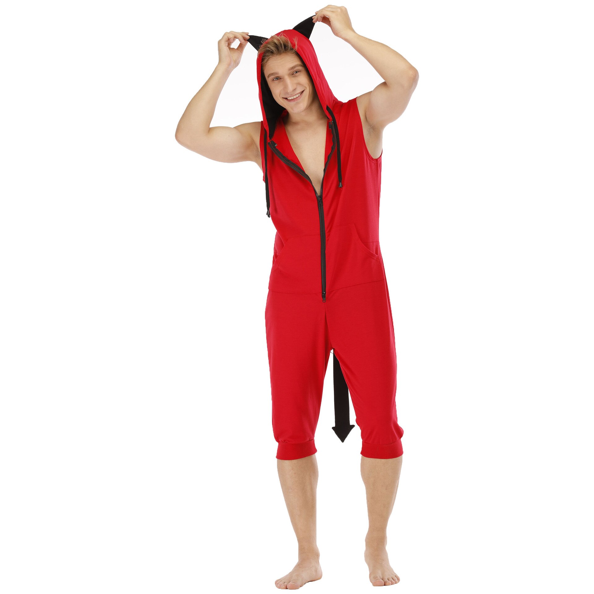 Summer Hooded Jumpsuit Pajamas For Men Short Sleeve Sleep Suit Onesie For Adults: L