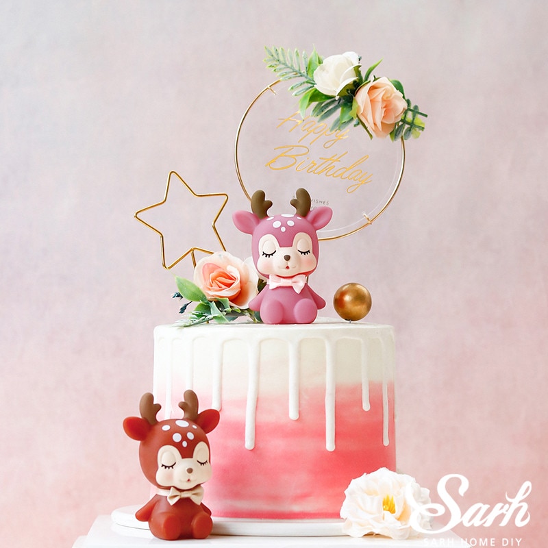 Pink Sika Deer Cake Toppers Artificial Flower Birthday Decor for Party Supplies Wedding Baby Shower Anniversary Baking