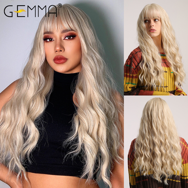 GEMMA Dark Brown Long Curly Synthetic Wig Deep Wave Cosplay Hair Wigs with Wavy Bangs for Women Daily Party Heat Resistant Fibre