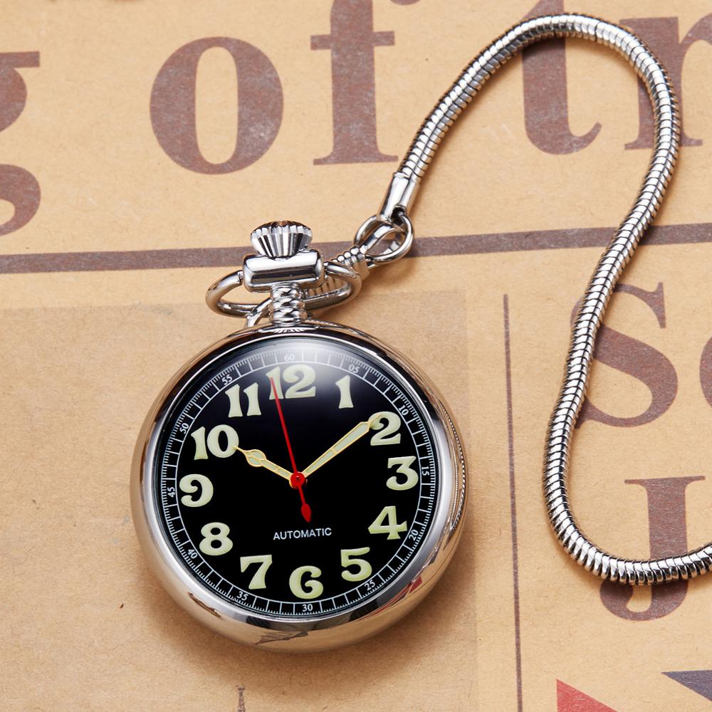 Reloj de bolsillo mecánico de plata de lujo para hombre y mujer, manecillas luminosas, Color dorado, números romanos, cadena Fob, automático, buen reloj, Rusia
