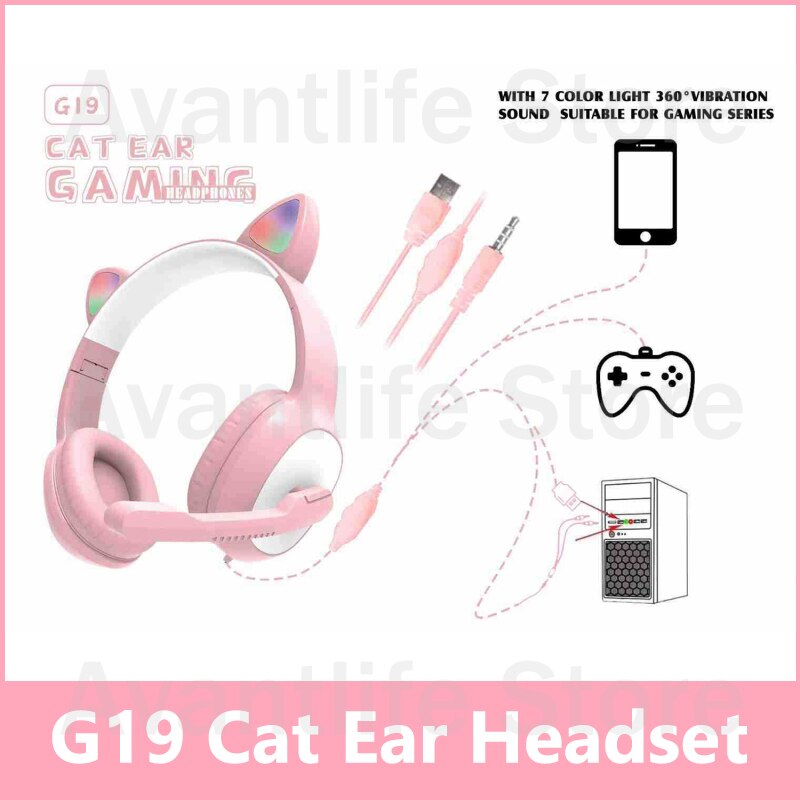 Product G19 Pink Cat Ear Cute Girl Gaming Headset With Mic Noise Reduction Stereo Music RGB Flash Light Wired headphone