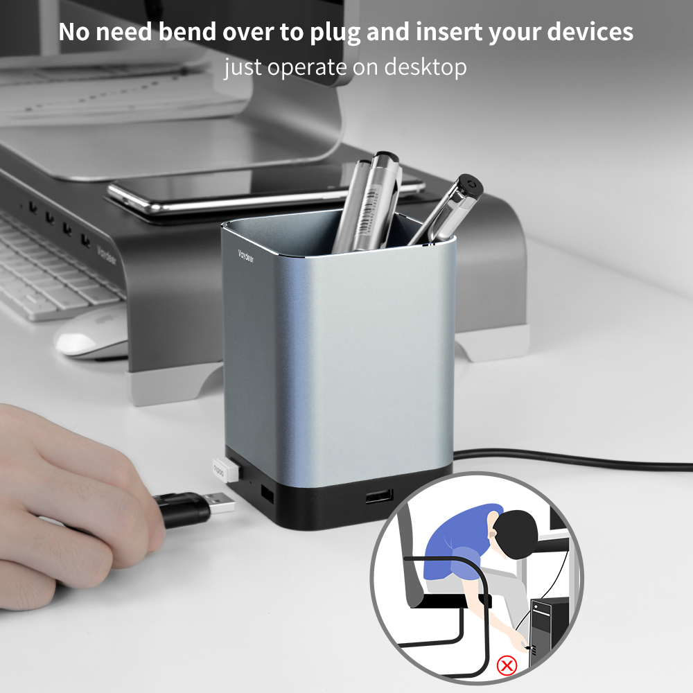 Aluminum USB Pen Pencil Holder with 4 USB 2.0 Ports Durable and Sturdy for Office and Home