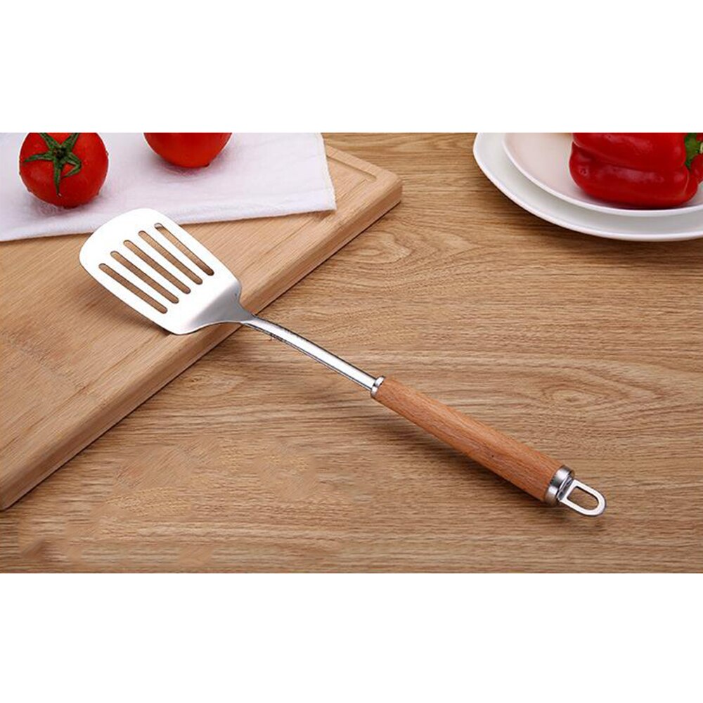 1Pcs Spatula with Wooden Handle Stainless Steel Kitchenware Set Household Spoon Kitchen Gadget Stainless Steel Frying Shovel: Frying Spatula