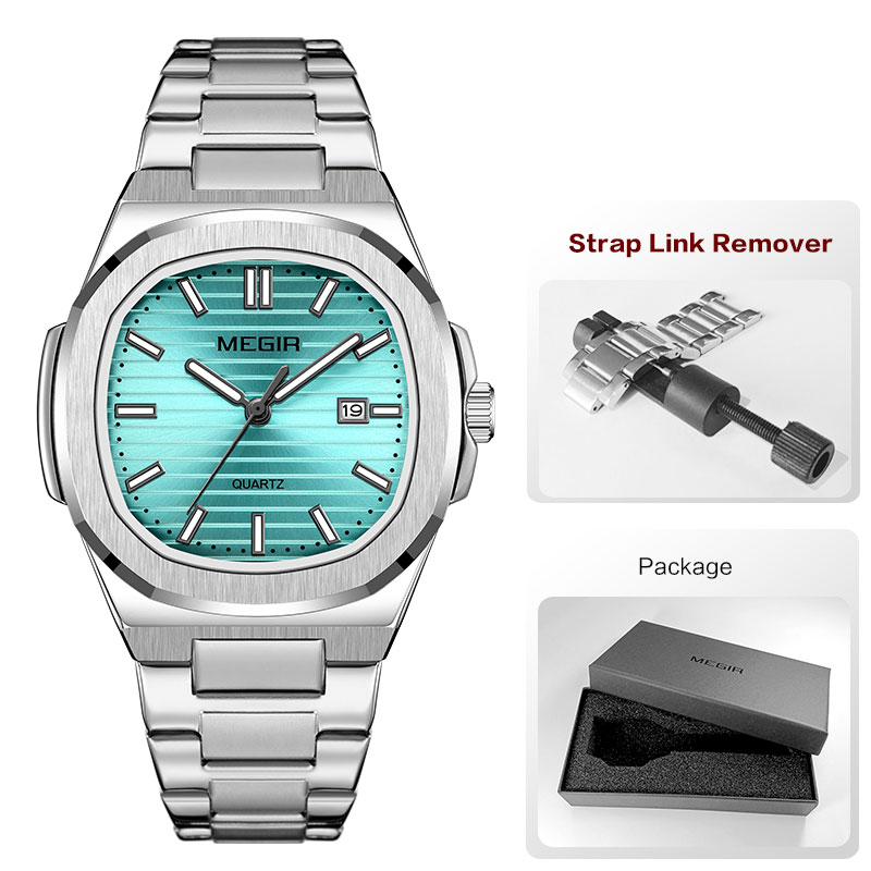 MEGIR Klassische Herren-Kleideruhr mit goldenem Edelstahlband, ovales grünes Zifferblatt, wasserdichte Quarz-Armbanduhr mit leuchtendem Zeiger: Elfenbein