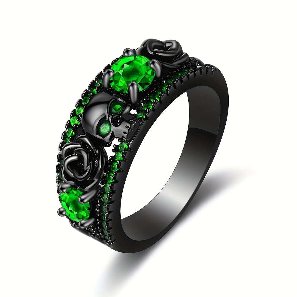 Punky Style Ring Horror Skull & Rose Paved Shining Zirconia Suitable for Men and Women Rings: 9 / green