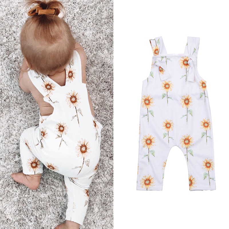 Focusnorm 0-24M Zomer Baby Meisjes Jongens Rompertjes Zonnebloemen Print Mouwloze Knop Strap Jumpsuits