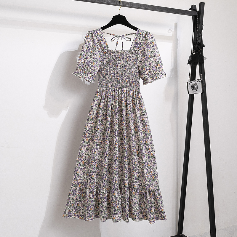 Primavera Verano Vestidos de gasa femenina cintura elástica manga corta plisado vestido Casual mujeres A-line Vestidos: Rojo