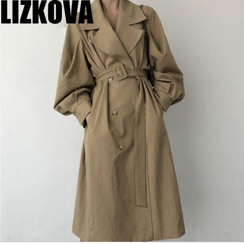 Trench-Coat Long kaki pour femme, coupe-vent Style britannique à manches bouffantes, manteau anti-poussière Long à la taille élégante, à Bandage, printemps