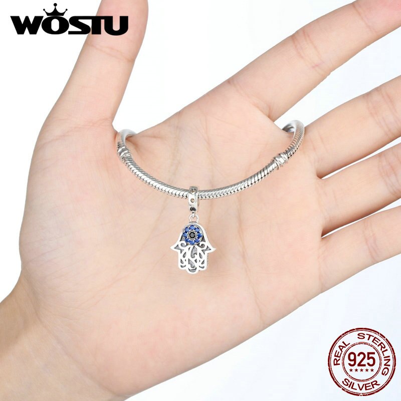 WOSTU Echt 925 Sterling Zilveren Hamsa Hand Eye Charms Bengelt Fit Originele Armband Ketting Authentieke Sieraden