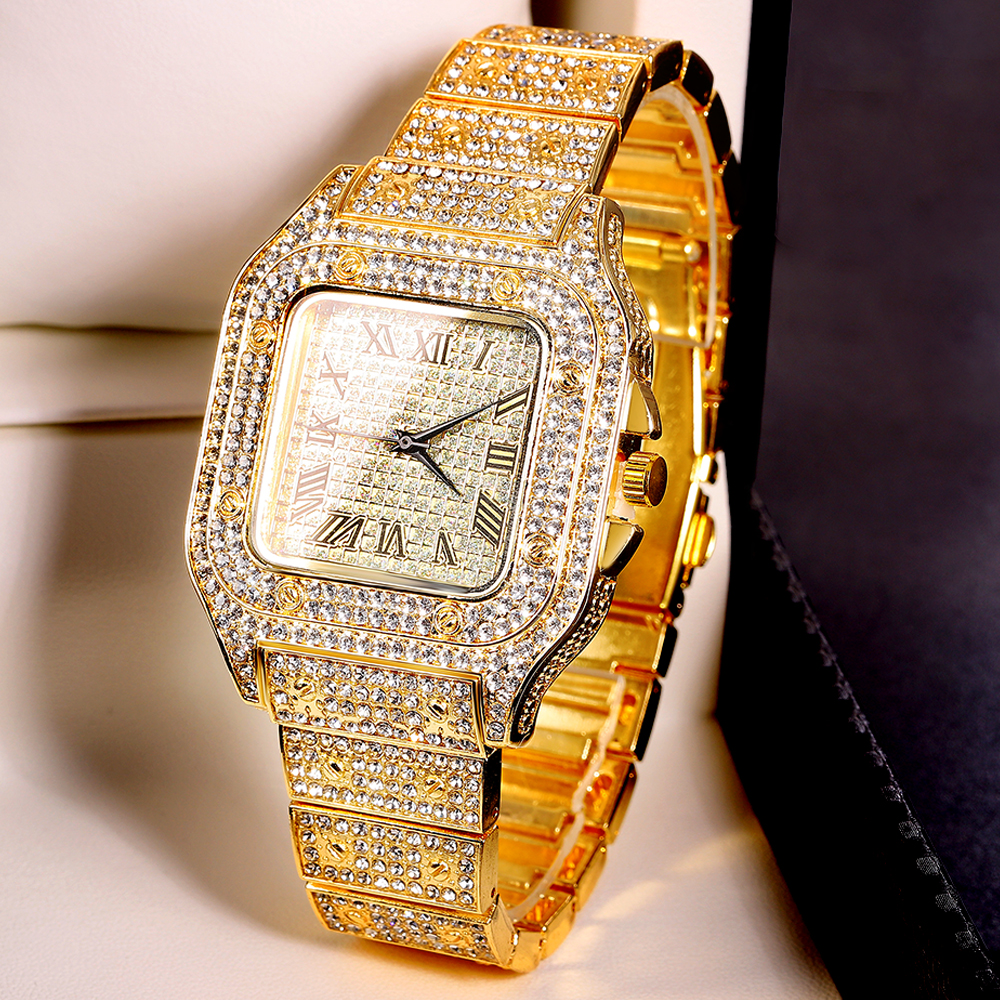 Goudkleurige Cubaanse kettinghorloge voor mannen, hiphop Miami Curb, Iced Out verharde strasssteentjes, bling rapper ketting, horloge + armband sieraden