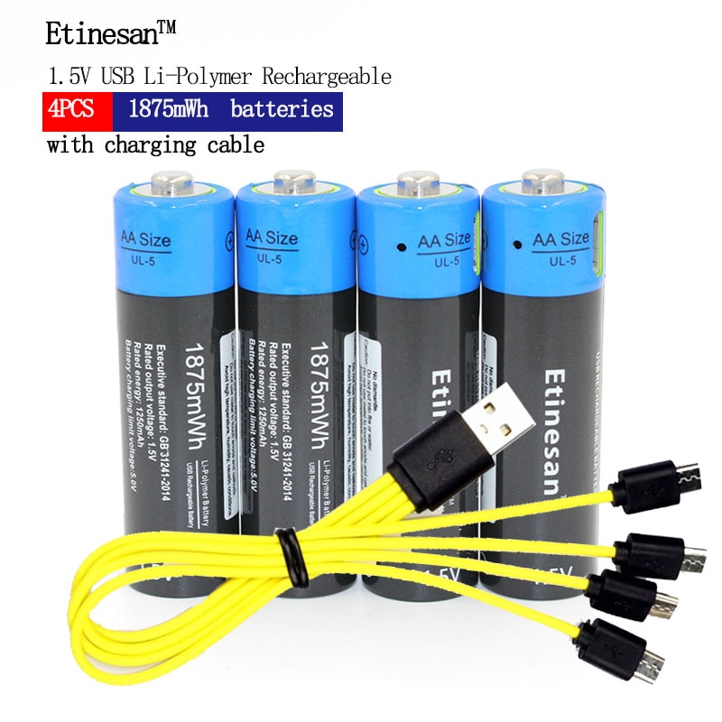 technologie! Etinesan 1.5 V AA 1875mWh li-polymer li-po oplaadbare lithium li-ion batterij met USB kabel pack