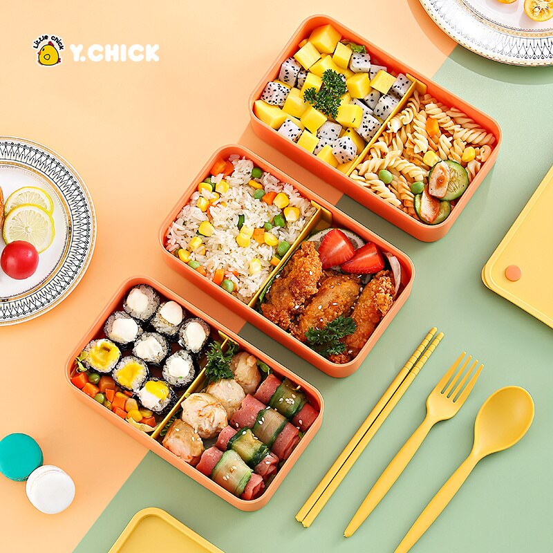 Y.Chick Kids Lunch Box For School Microwave Plastic Bento Lunch Box With Movable Compartments Salad Fruit Food Container Box