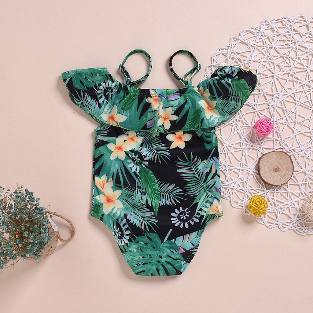 Sommar barn baby badkläder volang hängsel blomma tryckt bikini baddräkt för små barn pojkar flickor söt baddräkt