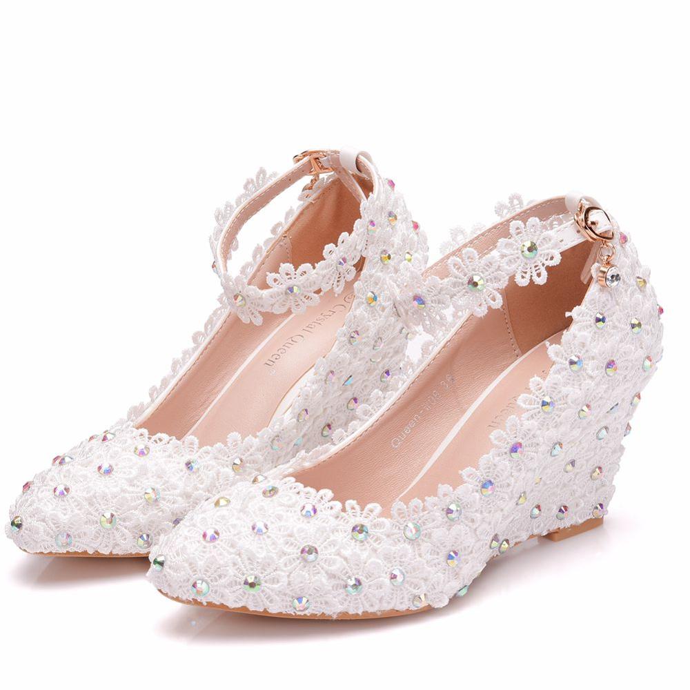 Crystal Queen Witte Bloem Vrouw Bruiloft Schoenen Kant Parel Hoge Hakken Zoete Bruid Jurk Schoenen Kralen Wiggen Schoenen 8 cm pompen: 41