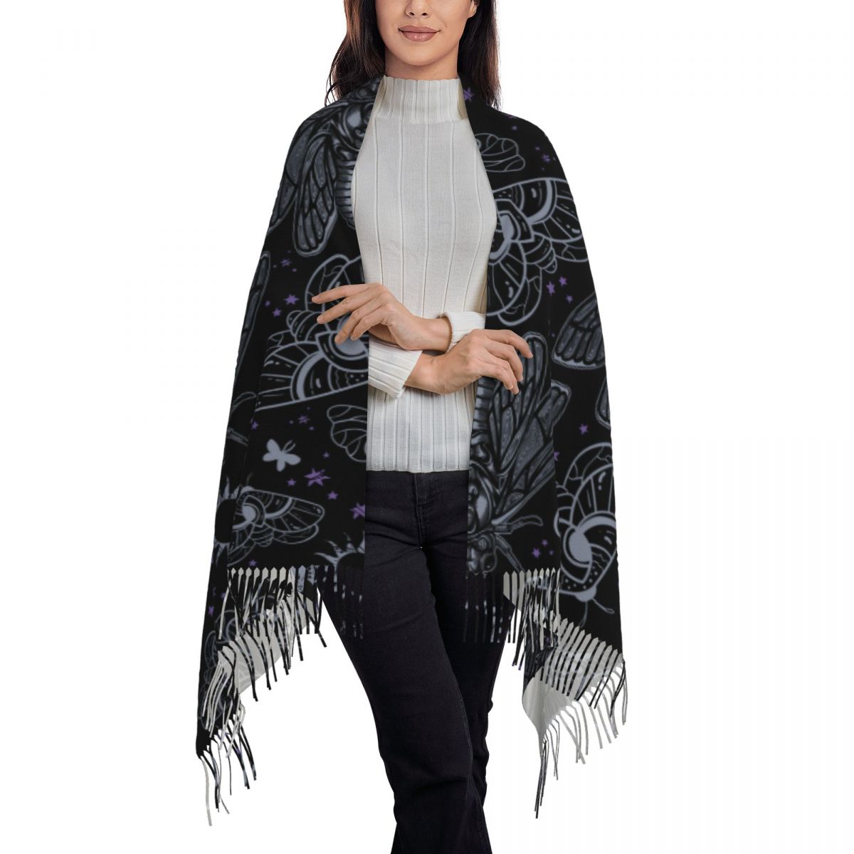 Bufanda celestial con estampado personalizado de cigarra esotérica y polilla, bufandas cálidas para hombres y mujeres, chales góticos con de sol y luna