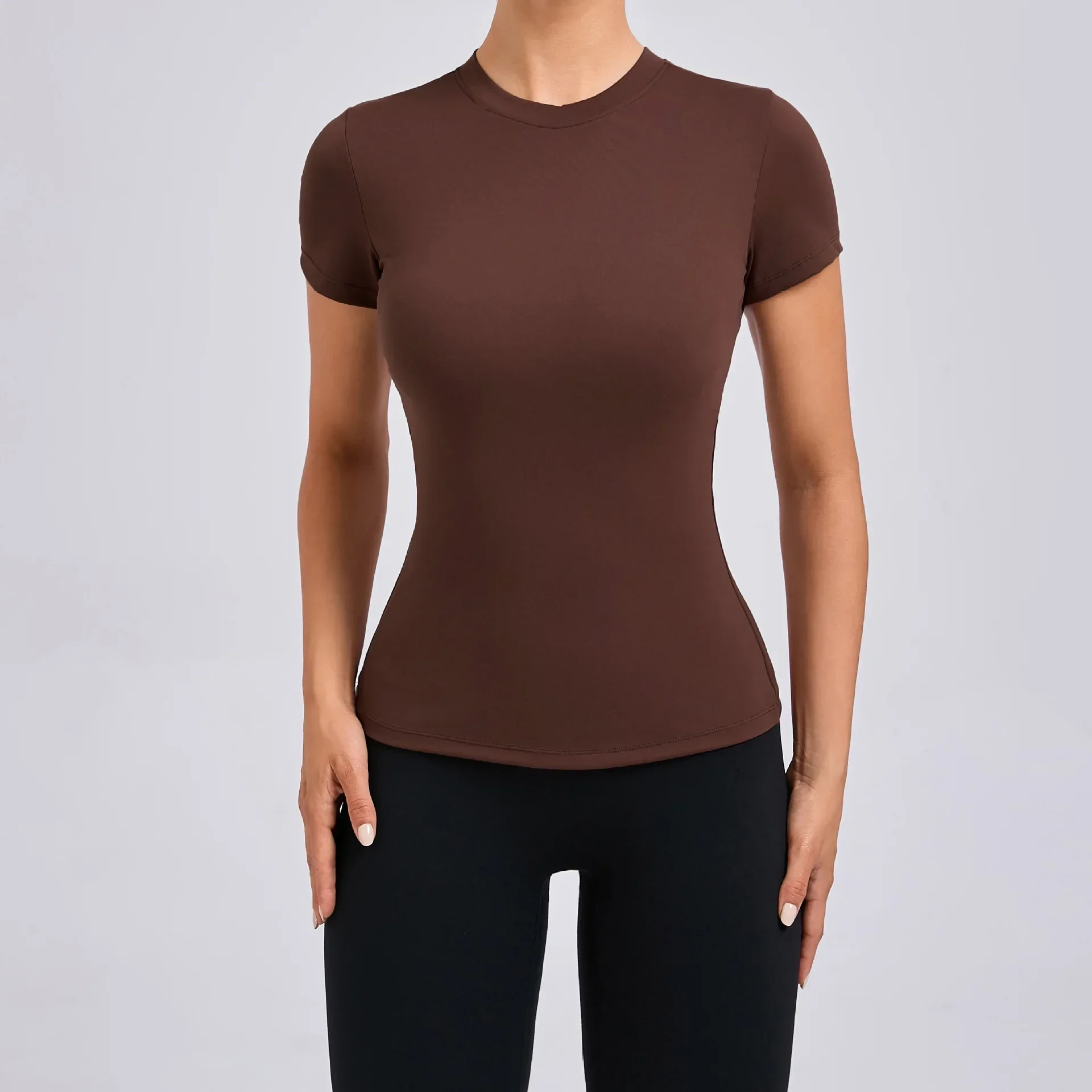 Kompressionströja dam t-shirt sportkläder dam gymtopp yogakläder träningskläder röd svart vit marinblå kaffe: S / Silver-