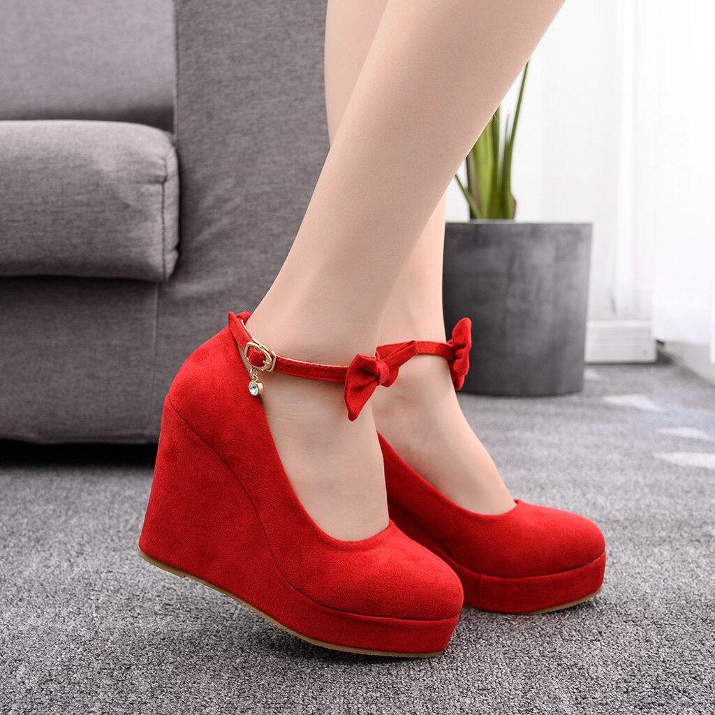 Høje hæle røde sløjfe sko kvinder kilehælene flok læder pumps forår sorte kiler bryllupsfest kiler sandaler dame sko