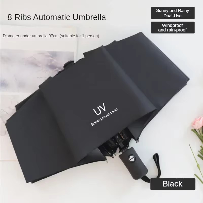Automatischer Regen- und Sonnenschirm, schwarze Beschichtung, Sonnenschirm, Anti-UV, 3 faltbar, windbeständig, automatisch, luxuriös, groß, winddicht, für Damen und Herren, 8 Bänder