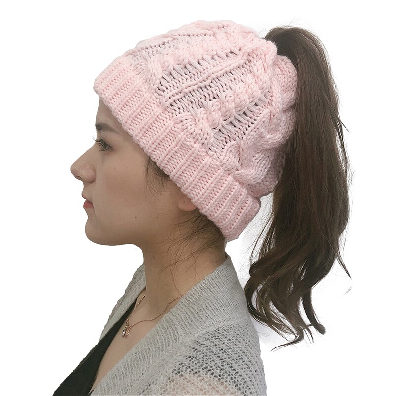 Ladies Girl Stretch Knit Hat Ponytail Beanies Winter Knitting Hats Winter Women Hat Holey Warm Hats Caps