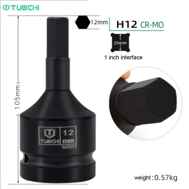 1PCS 1 inch Drive Impact Bit Socket CR-MO Heavy Hex Socket Bit Adapter 105mm Lenght Allen Key Wrench Head Pneumatic Socket Set: H12