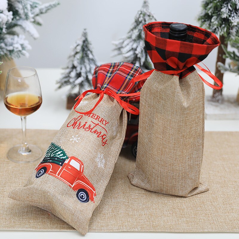1Pc noël Plaid lin voiture motif vin bouteille couverture maison Champagne stockage cordon sac