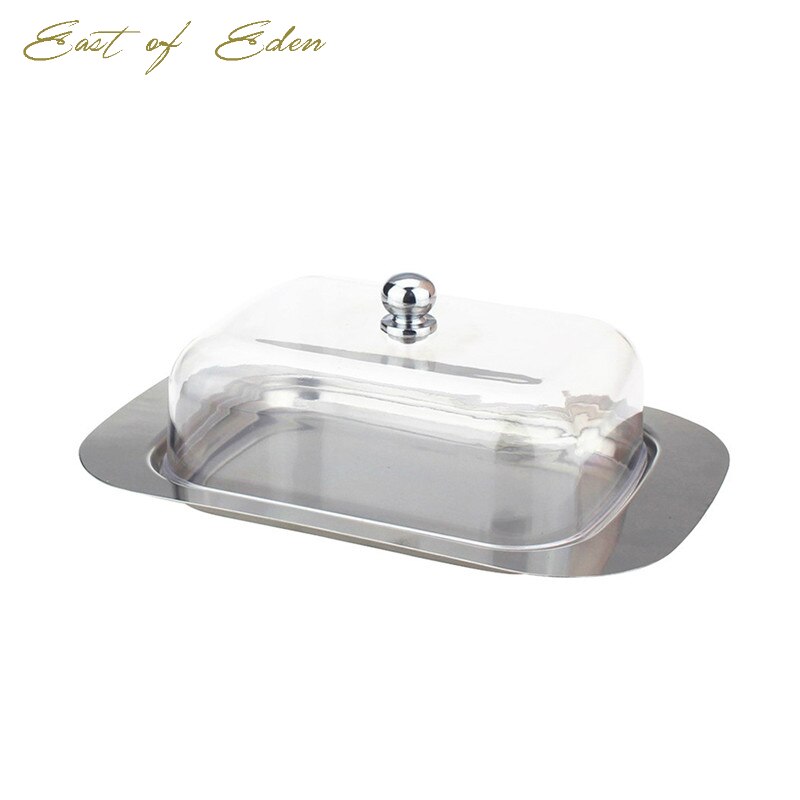 Stainless Steel Butter Cheese Dish Box Container Rectangle Server Storage Keeper Tray Bread Plate With Lid Kitchen Accessories: Transparent