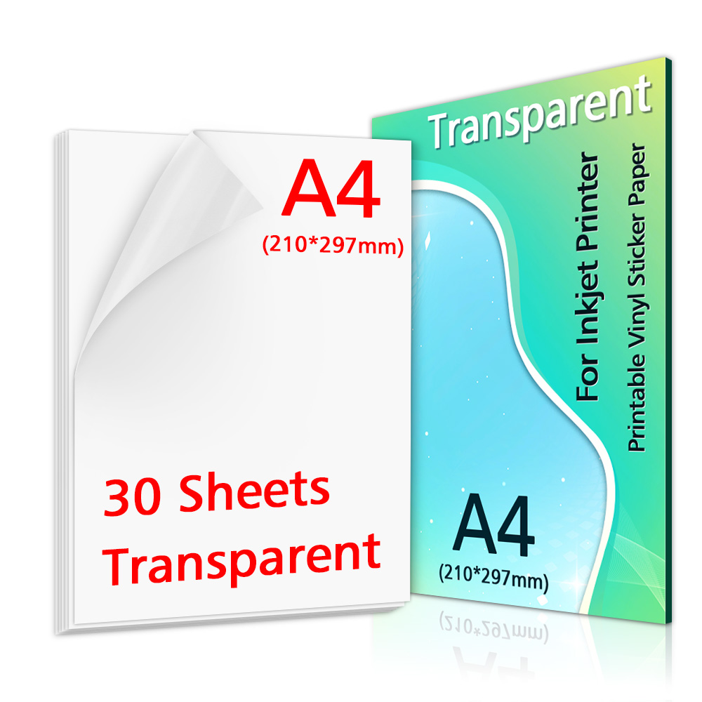 10/20/30/40/50/100 Sheets Transparant Printable Vinyl Sticker Papier A4 Waterdichte Zelfklevende kopieerpapier Voor Inkjet Printer: 30-Transparent