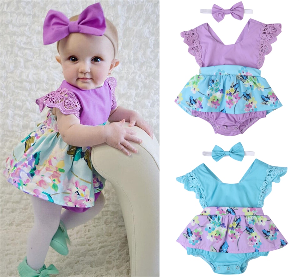 FOCUSNORM 0-24M Princess Baby Girls Boys Romper Dress Floral Print Ruffles Lace Short Sleeve Jumpsuits Headband