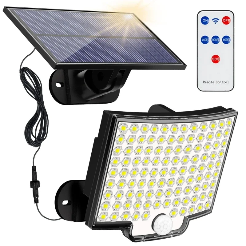 Luz de movimiento Solar de 106 LED, Panel separado para exteriores, luces de inundación solares, 4 modos de trabajo para luces de pared impermeables para jardín y garaje: ROSE