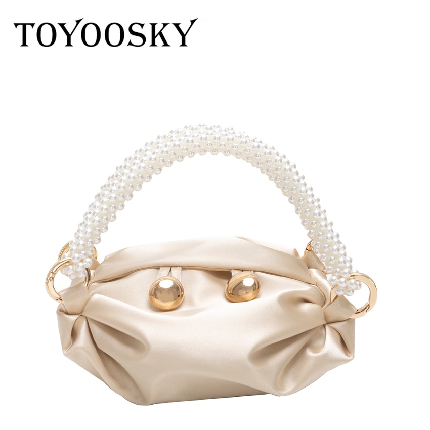 Toyoosky kvinder spandpose silke håndtasker damer solid dumpling taske perler perle top-håndtag poser vintage baguette form tote poser