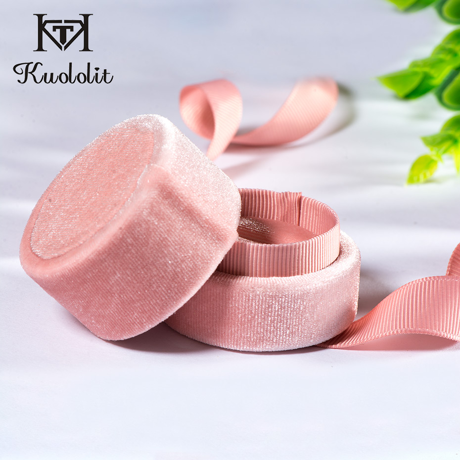 Kuololit pink fløjl rund sløjfe smykkeskrin til bryllup forlovelsesring øreringe halskæde armbånd smykker emballage display