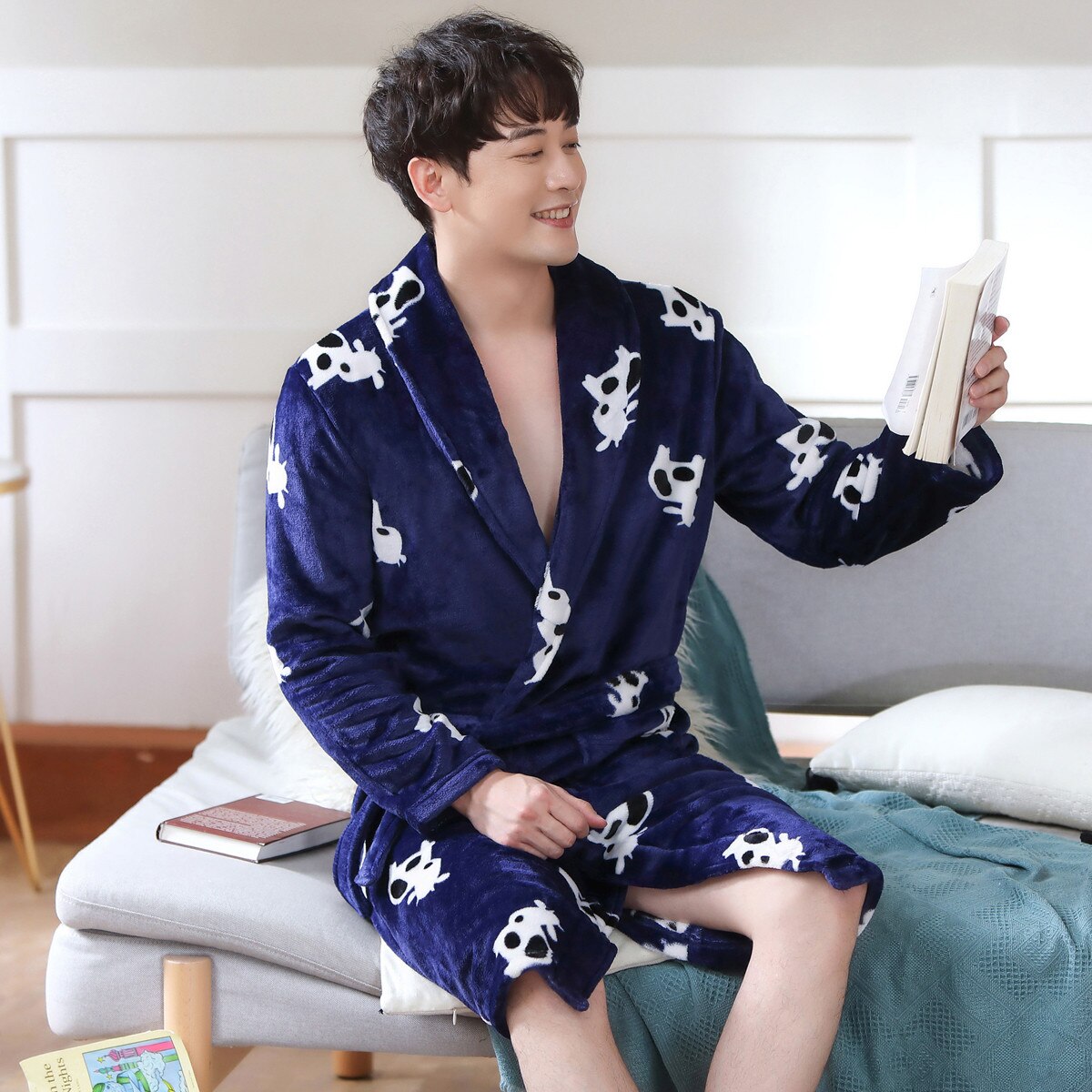 Peignoir à manches longues pour Homme, vêtement d&#39;hiver épais et , imprimé de dessin animé de vache mignonne, Kimono, vêtements de maison