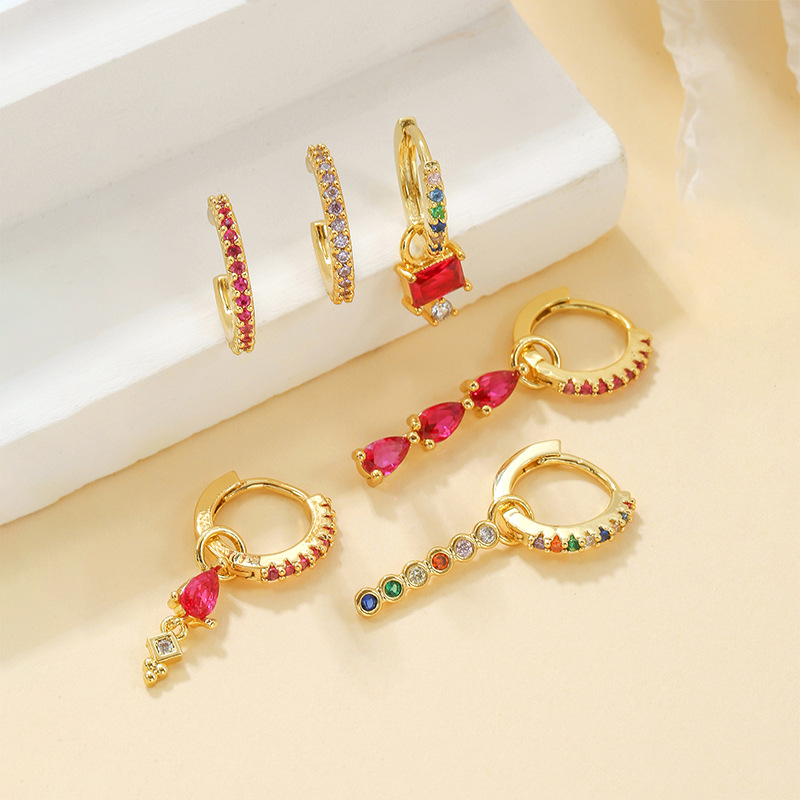 Pendiente de aro de gota de agua de acero inoxidable con circonita roja y rosa de lujo para mujer, joyería Huggie chapada en oro de 18 quilates, pendientes para mujer