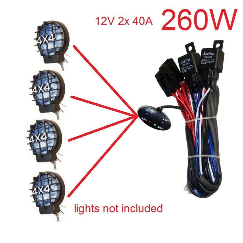 Universal 12v 260w Car light power switch 2x 40A relay harness lamp on off switch cable for Headlight spotlight Offroad lamp