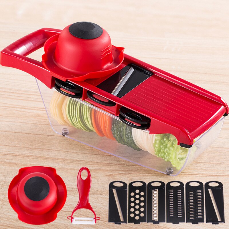 Multi-Function Vegetable Cutting Artifact Potato Shredding Machine Onion Chopper Fruit Cutting Machine Kitchen Tools: Red 9pcs