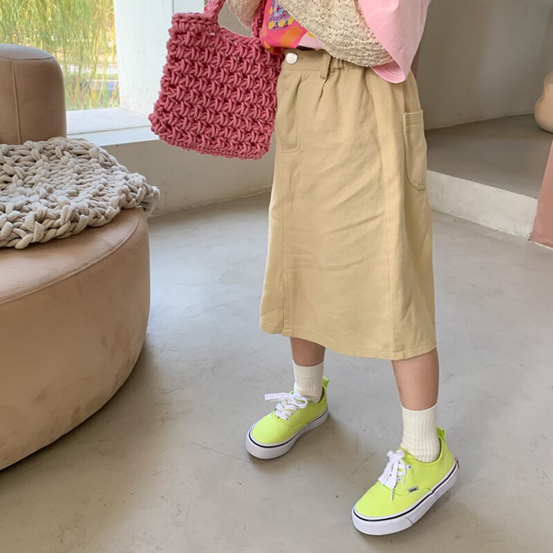 Falda vaquera para niña, falda larga de algodón con corte en A, ropa Vintage para niño de 2 A 8 años, primavera y otoño: light khaki / 5T (110-120cm)