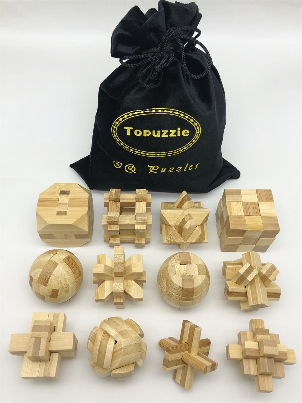 Set of 12PCS IQ Educational Bamboo Burr Puzzle Interlocking Mind Brain Teaser Puzzles Game for Adults Children