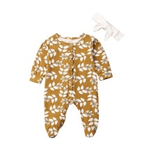 Newborn Kid Baby Girl Boys Footies Long Sleeve Flower Jumpsuit Headband 2pcs Outfit 0-6M