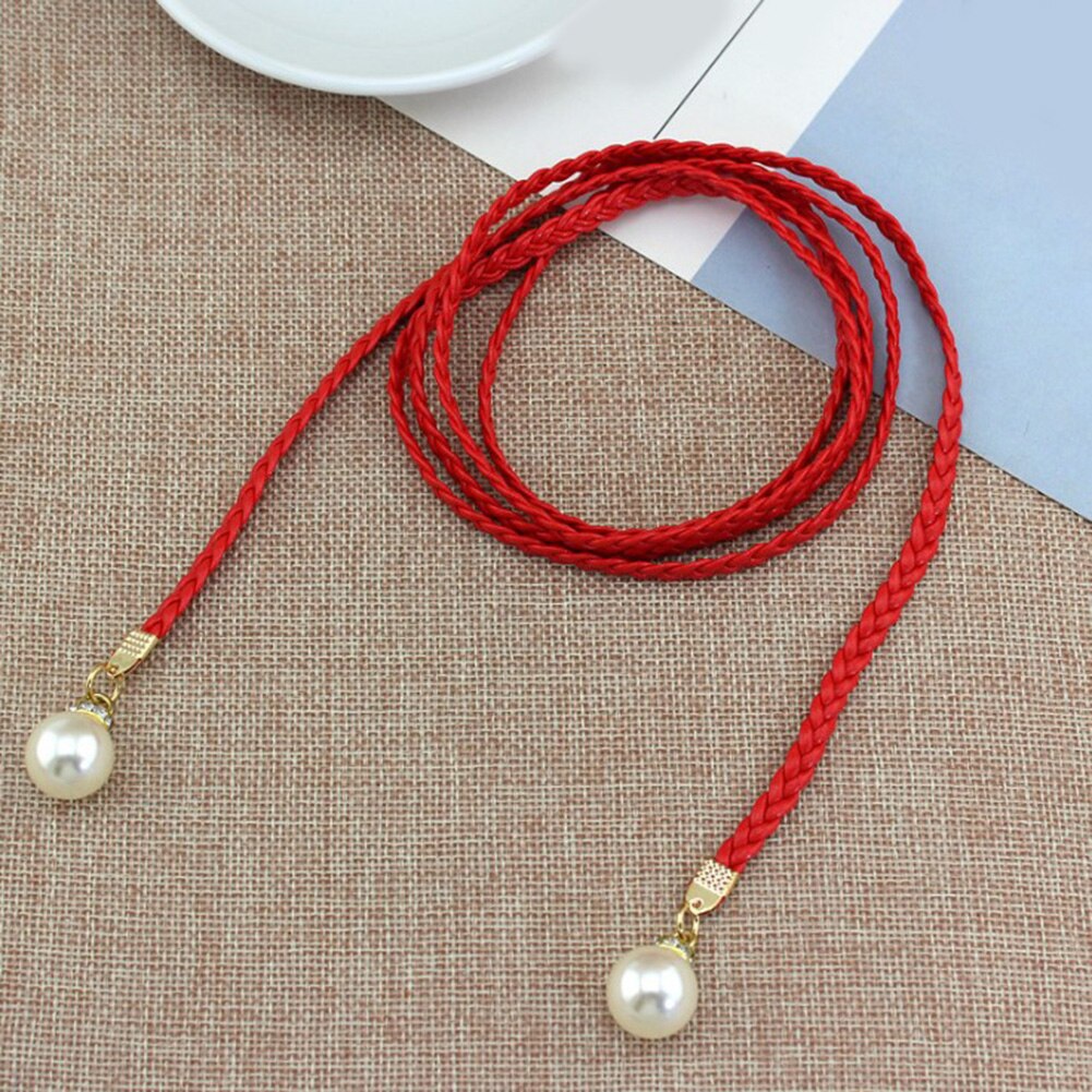Thin Braid Women Belt Woven Tassel Pearl Waist Strap Boho Girls Waistband Waist Rope Waist Belts For Dress Accessories: Red